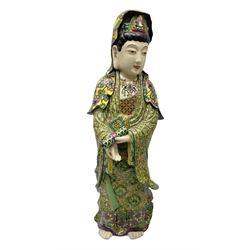 Tall Japanese polychrome figure of Kannon, the Goddess of Mercy (Avalokiteshvara), the Deity modelled with crossed hands holding a scroll and wearing elaborate floral flowing robes and headdress, H64cm