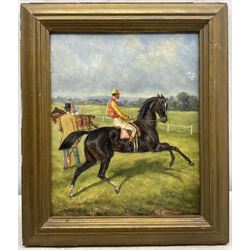 English School (19th/20th century): 'Left at the Post', oil on board, indistinctly signed and titled verso 27cm x 22cm