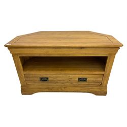Light oak corner television stand, fitted with open shelf and single drawer