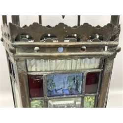 Victorian brass and stained leaded glass hall lantern, of hexagonal form, supported by four domed arms and pierced fret, H46cm W20cm
