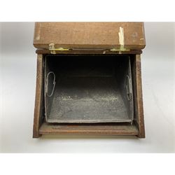Early 20th century oak coal box, with brass mounts and handle, the hinged lid lifting to reveal removable interior lining, together with accessories