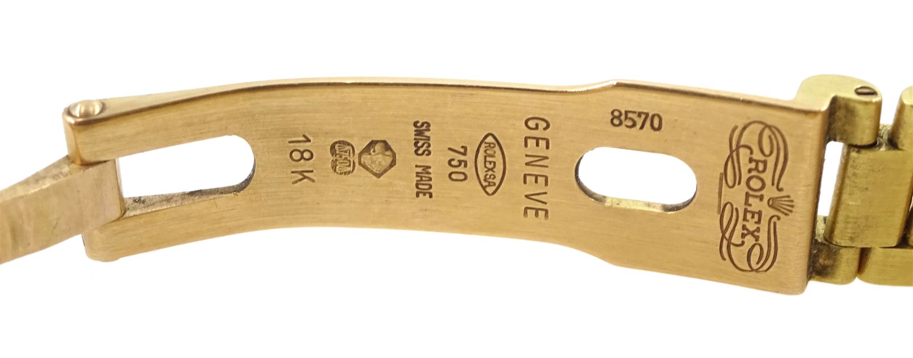 Rolex Oyster perpetual Datejust ladies 18ct gold automatic wristwatch, circa 1995, Ref. 69178, serial No. W687714, champagne dial with diamond hour markers, aftermarket diamond bezel and original gold bezel, on 18ct gold Rolex president bracelet with fold-over clasp, hallmarked, boxed with service guarantees