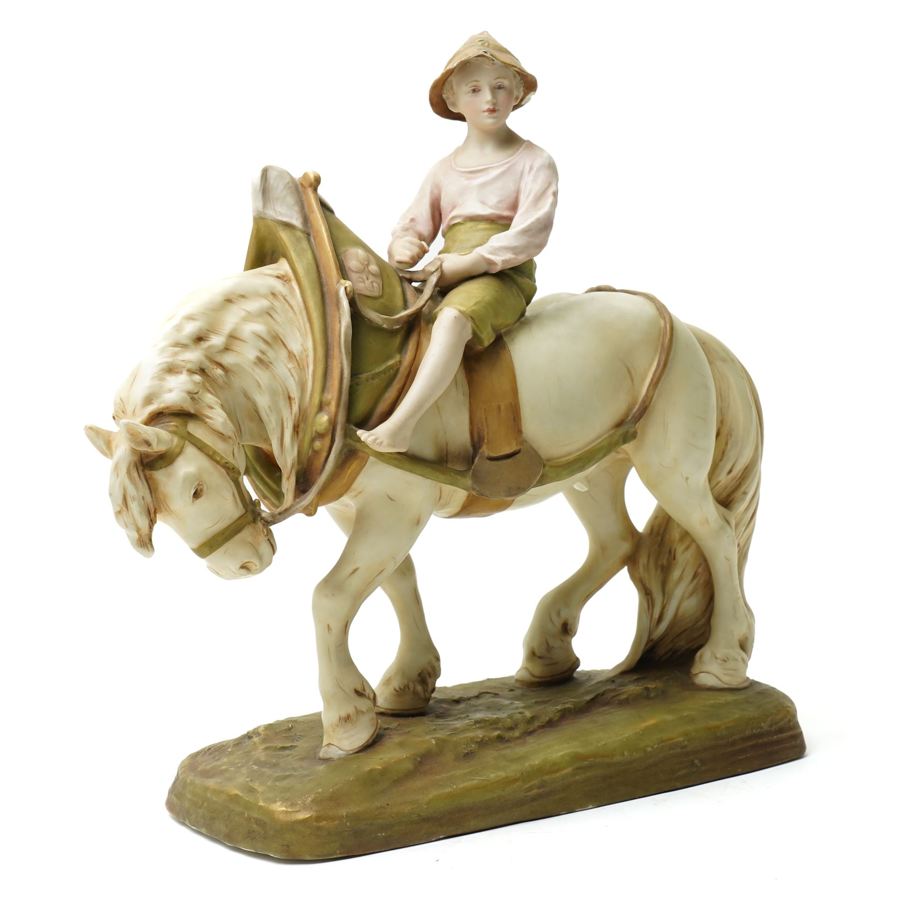 Royal Dux figure of a boy riding a shire horse on naturalistic base model number 1693 L34cm