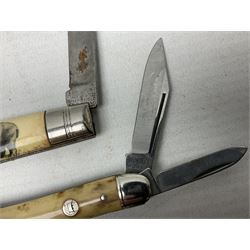 WW2 Gurkha Kukri knife with 34cm curving steel blade and horn handle; in leather covered scabbard with dual belt loops and two horn handled skinning knives L47cm overall; and collection of fourteen military and other folding and pocket knives including WW2 British Army clasp jacknife, J.H. Thompson C.C.1286 army knife dated 1954, Brookes & Crookes multiblade pocket knife etc (15)