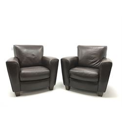 Pair armchairs upholstered in brown leather, tapering supports