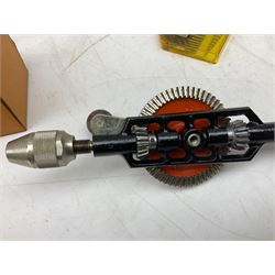 Boxed Stanley 803 hand drill, set of 13 twist drills etc