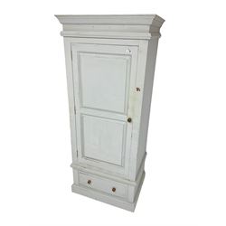 Painted pine single wardrobe, projecting cornice over panelled door, fitted with single drawer to base