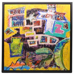 Gillian Ross Kelsey (British 1935-2025): 'Celtic Impressions', acrylic on board, signed and titled on label verso 76cm x 76cm