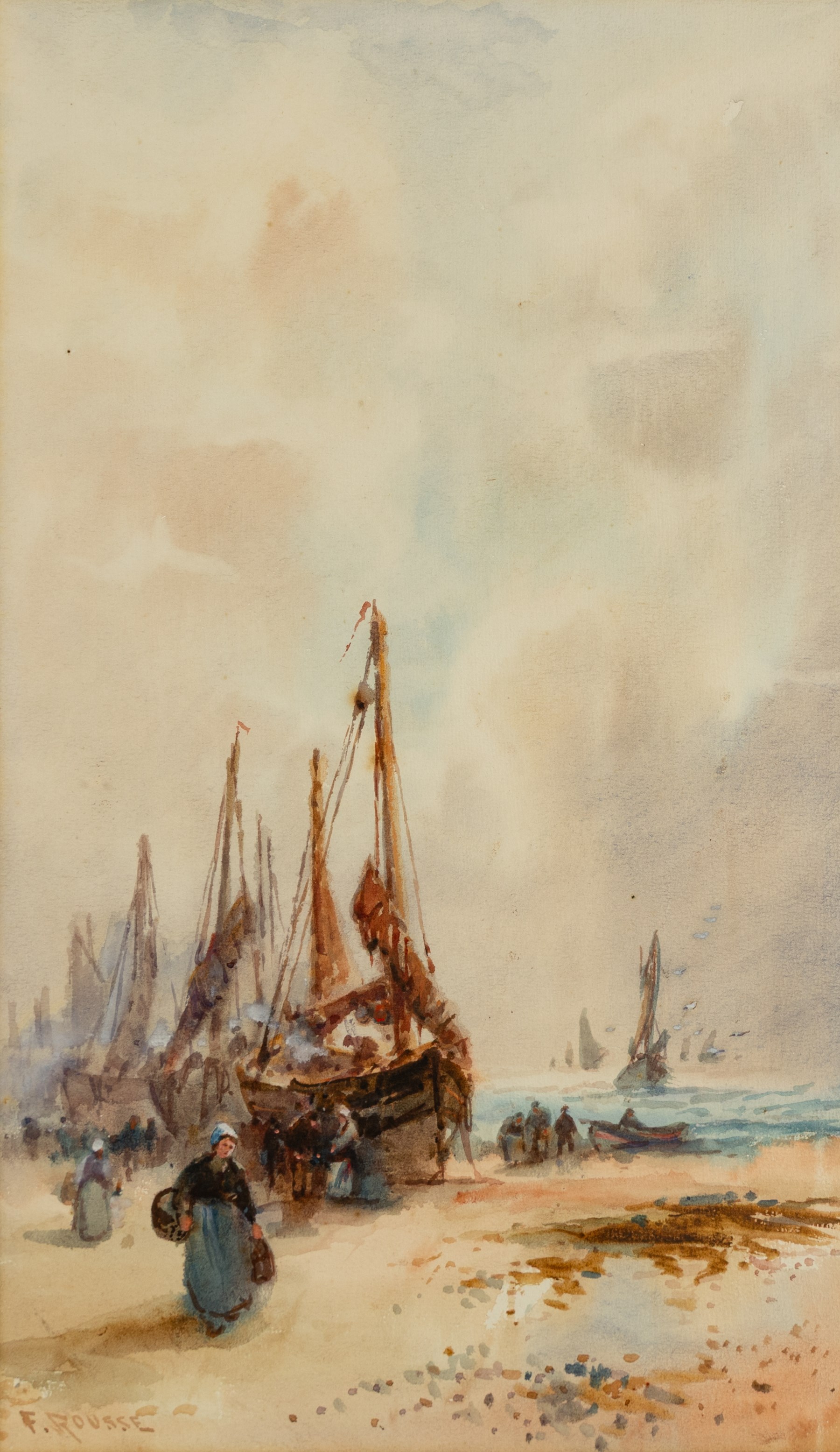 Frank Rousse (British fl.1897-1917): Unloading the Boats, watercolour signed 49cm x 29cm