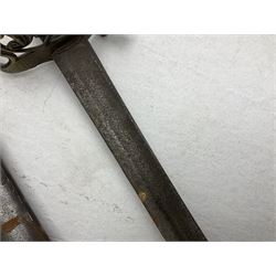 19th century Imperial German army heavy cavalry officers sword by Schnitzler and Kirschbaum, with 89cm single fullered steel blade and sheet steel basket hilt with teardrop cut-out and wire-bound leather grip L107.5cm overall; in steel scabbard with two suspension rings; and British Army 1822 Pattern Infantry Officer's sword in associated scabbard (2)