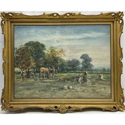 John Atkinson (Staithes Group 1863-1924): Working Horses and Girls in the Field, watercolour signed 28cm x 36cm