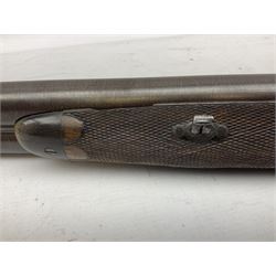 19th century John Jefferson of Scarborough 6-bore (modern 4-bore) double barrel side-by-side percussion gun, with 81cm stub twist damascus barrels (no provision for ramrod), well figured walnut stock with fine chequered grip and fore-end with horn tip and steel butt plate with long tang, well engraved lock and hammers with half-cock safeties on both sides, barrel sling swivel but rear sling swivel removed and replaced with silver escutcheon, London proofmarks, NVN, L128cm