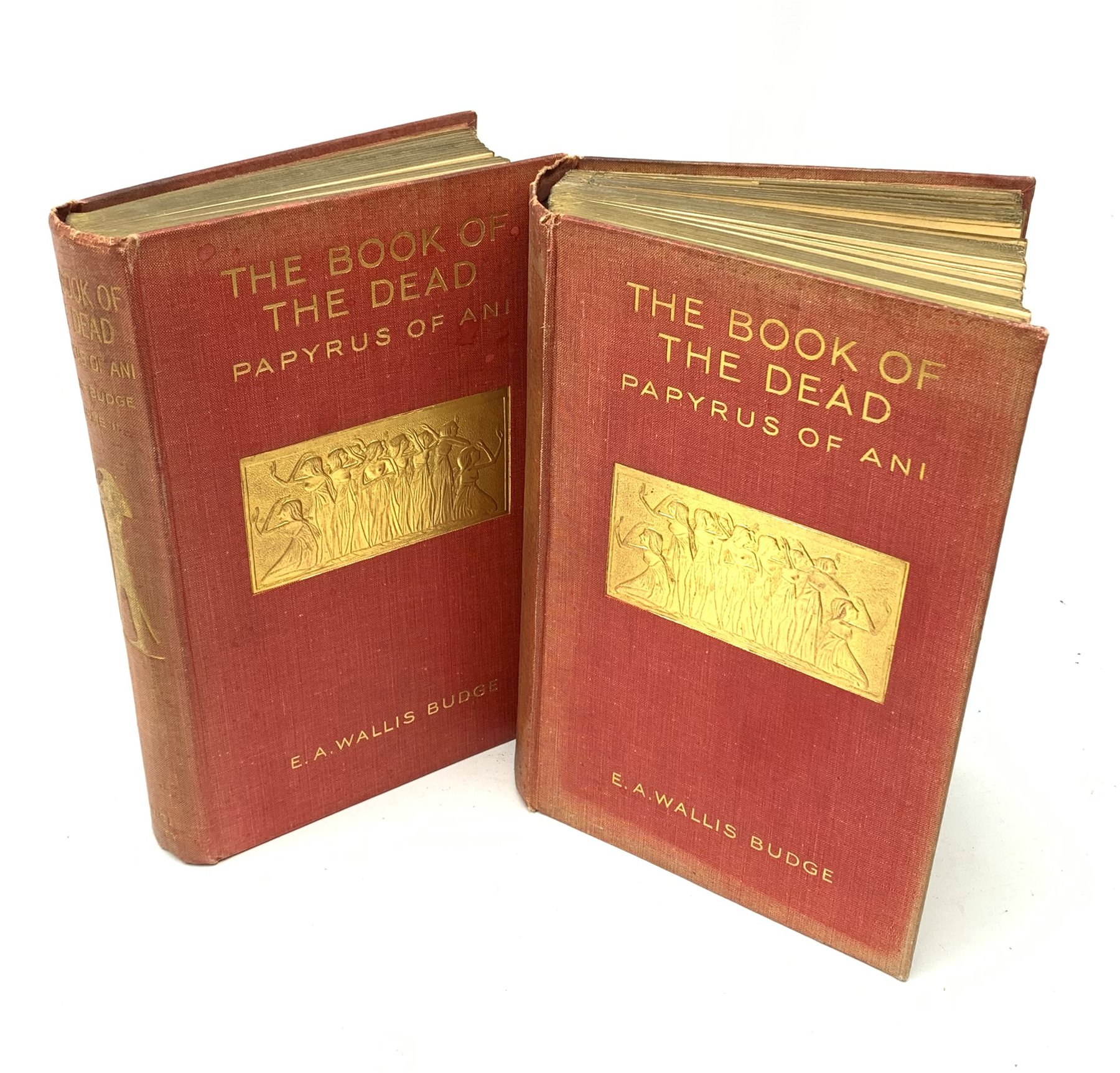  Budge Sir E.A. Wallis: The Book of the Dead - The Papyrus of Ani.1913, Medici Society facsimile edition. Two volumes. Folding colour plates and heiroglyphic illustrations within the text. Red cloth/gilt binding.  