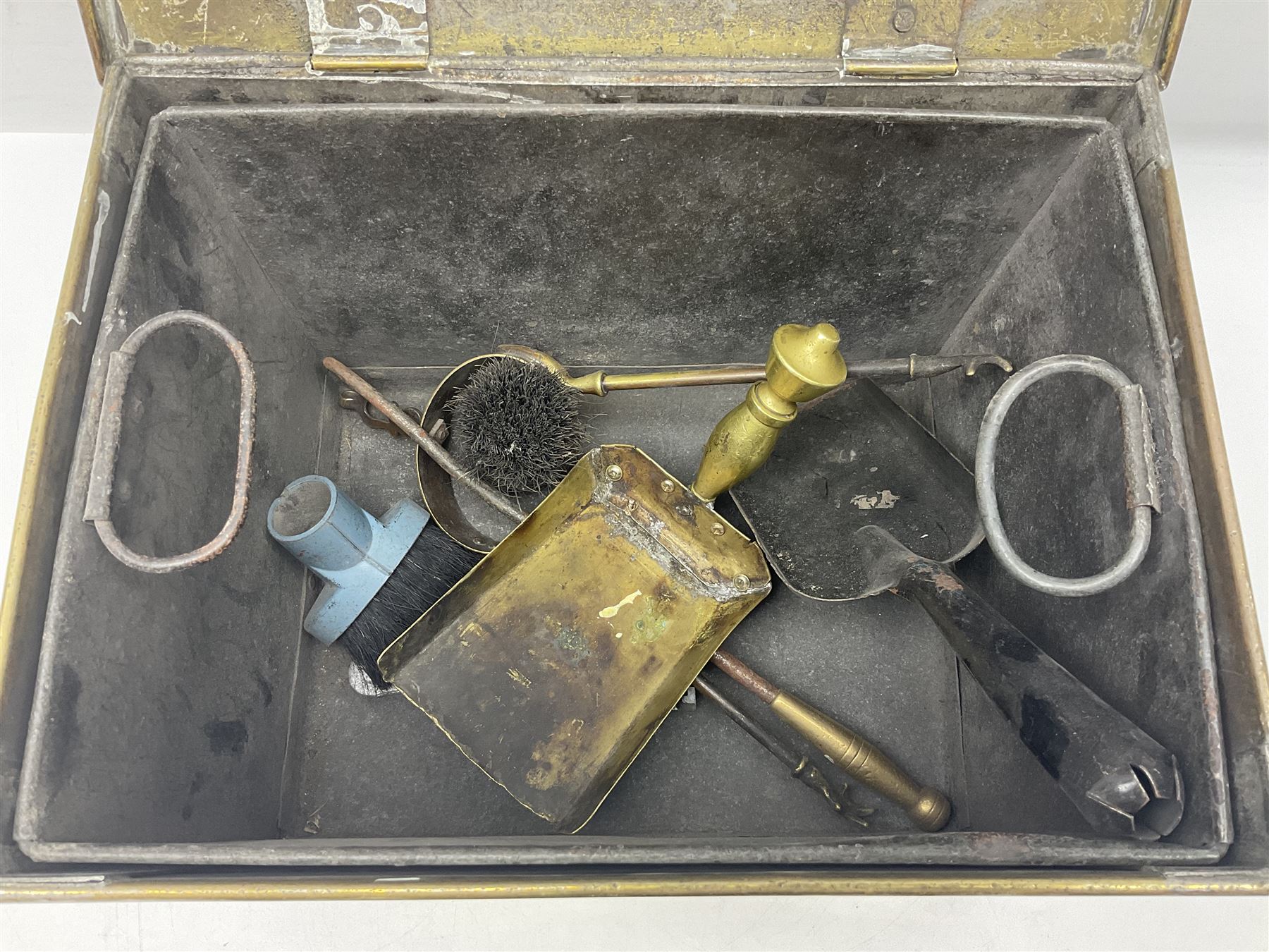 Brass rectangular coal box with handles and hinged lid