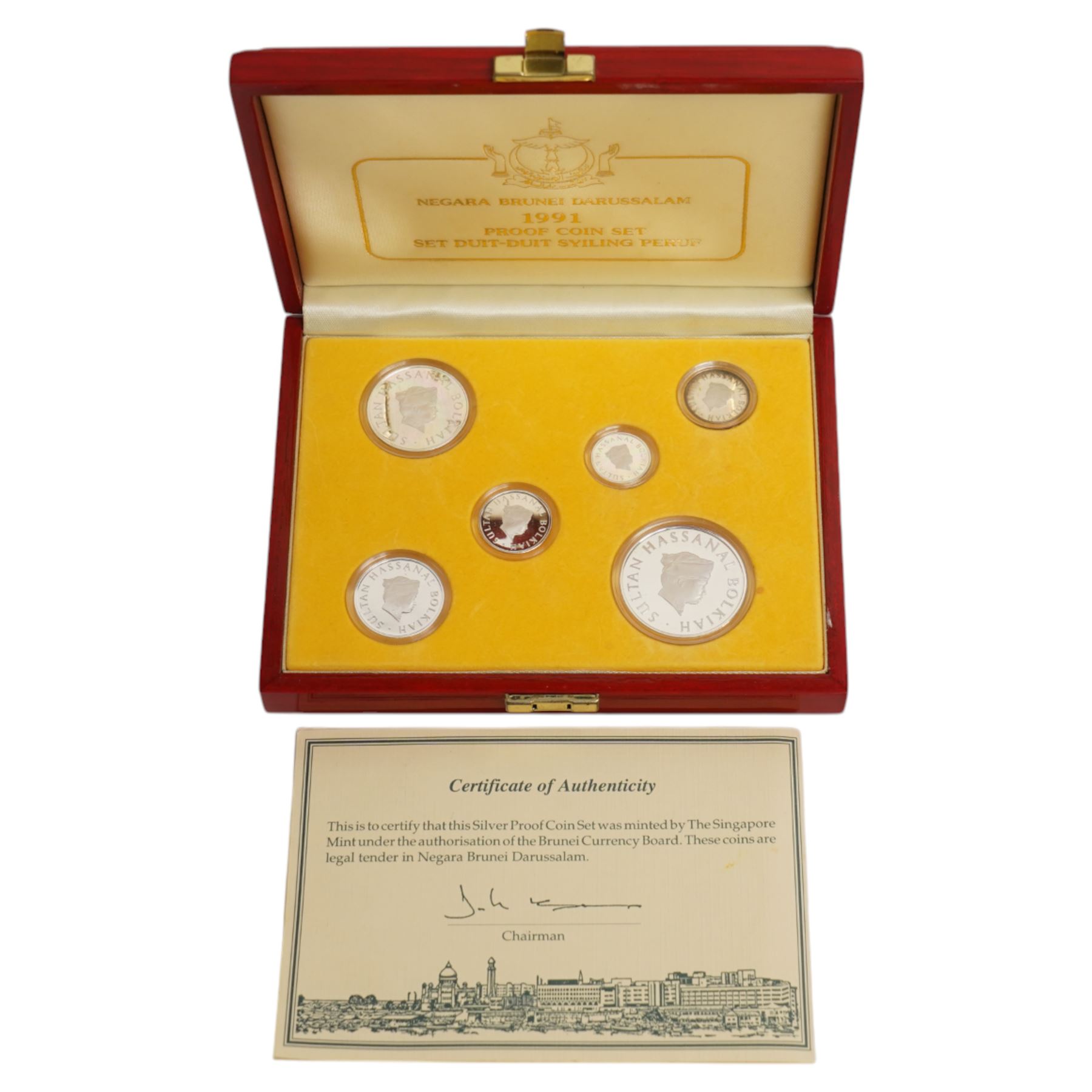 Brunei 1991 silver proof six coin set, one dollar to one sen, minted by The Singapore Mint, cased with certificate