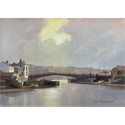 Don Micklethwaite (British 1936-): Whitby Swing Bridge, oil on canvas signed 29cm x 40cm 