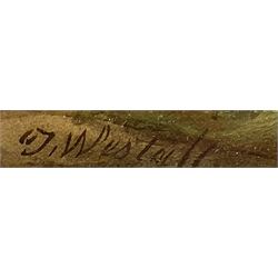 John Westall (British fl.1873-1893): Figures on Wooded Tracks, pair of oils on canvas one signed 29cm x 39cm (2)