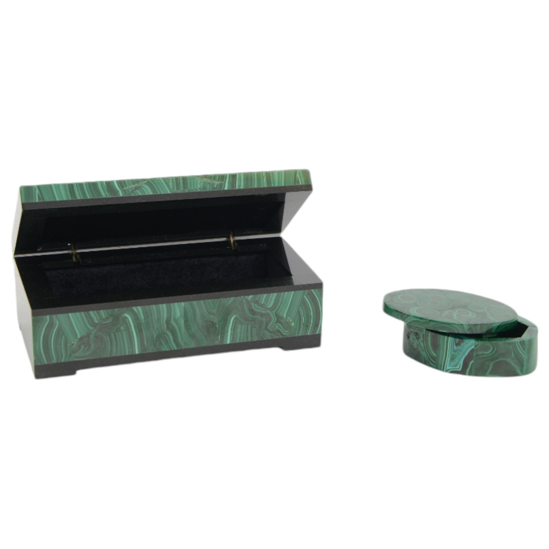 Mosaic malachite trinket box, of rectangular form, the hinged cover opening to reveal a black velvet interior, together with a smaller oval malachite box with removable cover, hinged box H4cm