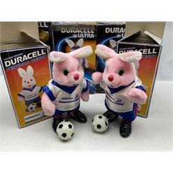 Collection of battery operated Duracell Bunny advertising figures, comprising two limited edition France 98 World Cup football bunnies, racing bunny, football bunny, two globetrotter bunny, fireman bunny and Christmas bunny, all boxed