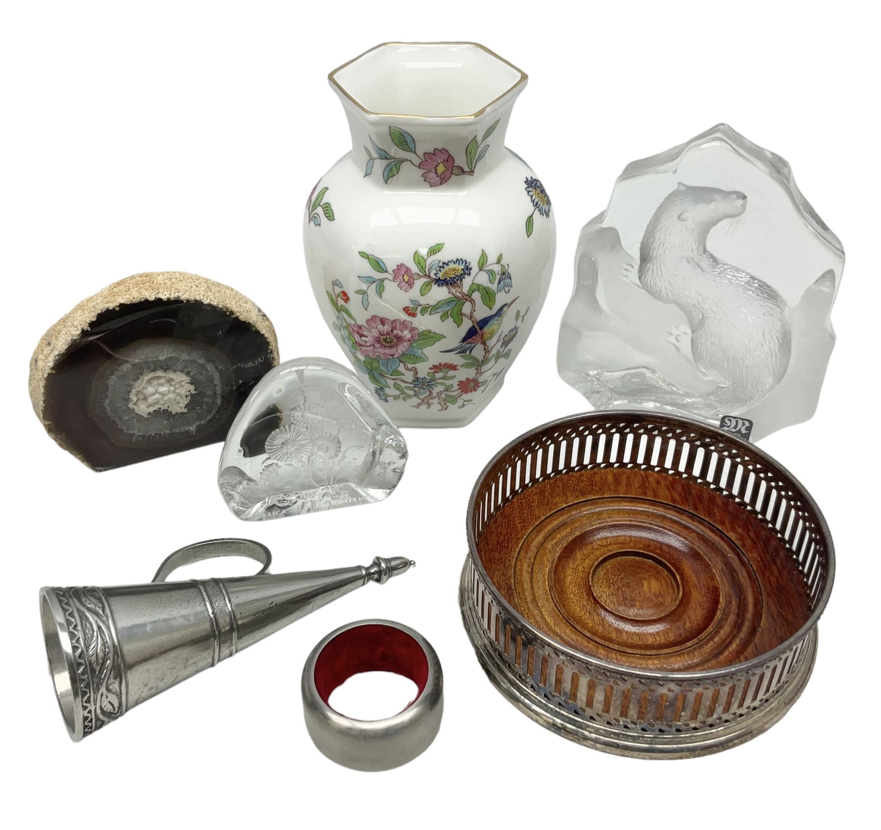 Mats Jonasson of Sweden glass Otter paperweight, Capredoni by Dartington Crystal Crysanthemum paperweight, boxed British Fossils agate geode, silver plated wine bottle coaster and Aynsley vase, etc, all boxed