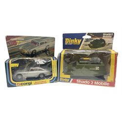 Corgi - die-cast model of James Bond Aston Martin DB5 No.271 with silver body and red interior, gold bumpers and four-spoke wheels, James Bond and two bandit figures; original window box with header card; and Dinky Shado 2 Mobile with one missile No.353; in window box (2)
