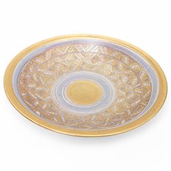 Mary Rich (1940-2022); three studio pottery footed bowls, in blue with gilt geometric decoration, impressed potters seal to base, largest D28cm (3)