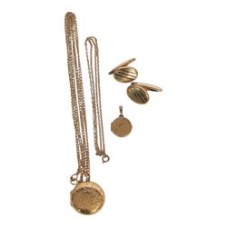 9ct gold chain and small locket, together with gold plated jewellery including larger lock...