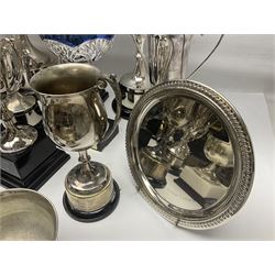 Collection of silver plated and metal trophy cups and winners plaques, all relating to the Burniston and District Show, most engraved with competitions and winner's names, in three boxes 