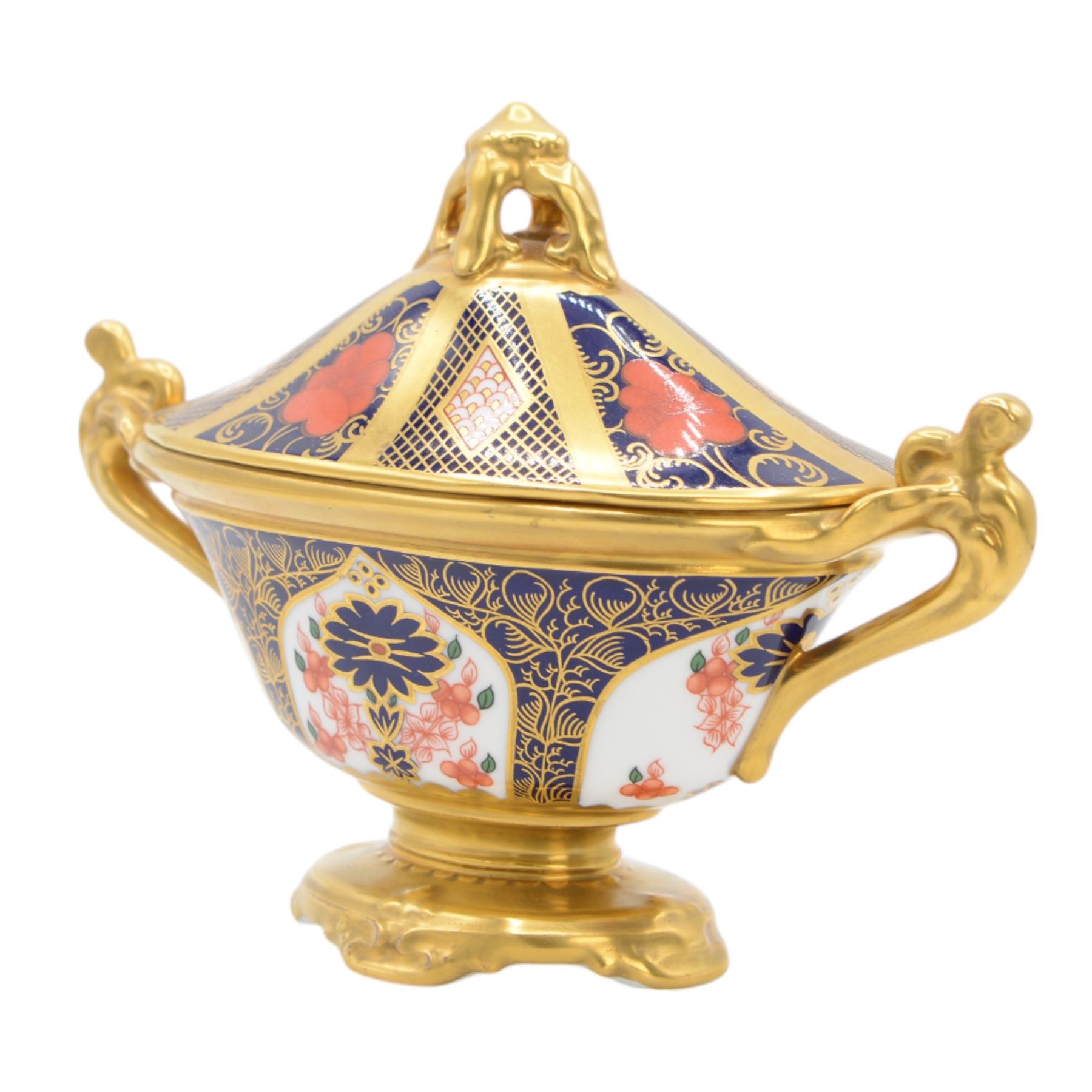 Royal Crown Derby Imari 1128 pattern twin handled pedestal dish and cover, with printed marks and date cipher for 2000 beneath, H15cm