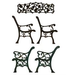 Pair cast iron garden bench ends decorated with scrolling design (H83cm), another pair of cast iron bench ends (H78cm), and a cast iron bench back decorated with foliage branches and roses (W110cm x H30cm)
