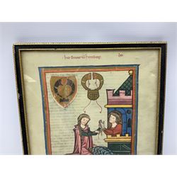 German School (14th century): 'Bruno von Hornberg' and 'Kol von Nüssen', pair prints of illuminated portraits from the 'Codex Manesse' together with print of 17th century Church writing