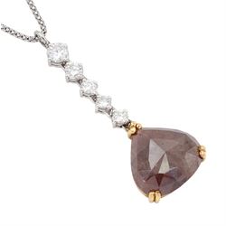 18ct white and yellow gold diamond pendant necklace, single pear cut fancy red/brown diamond of approx 5.70 carat, suspending from a graduating five stone round brilliant cut white diamond bail, on a fancy bead link chain necklace, total white diamond weight approx 0.75 carat