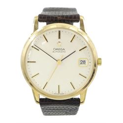 Omega gentleman's 9ct gold automatic wristwatch, silvered dial with baton hour markers and date aperture, on Omega brown leather strap, with Omega gold-plated buckle, boxed
