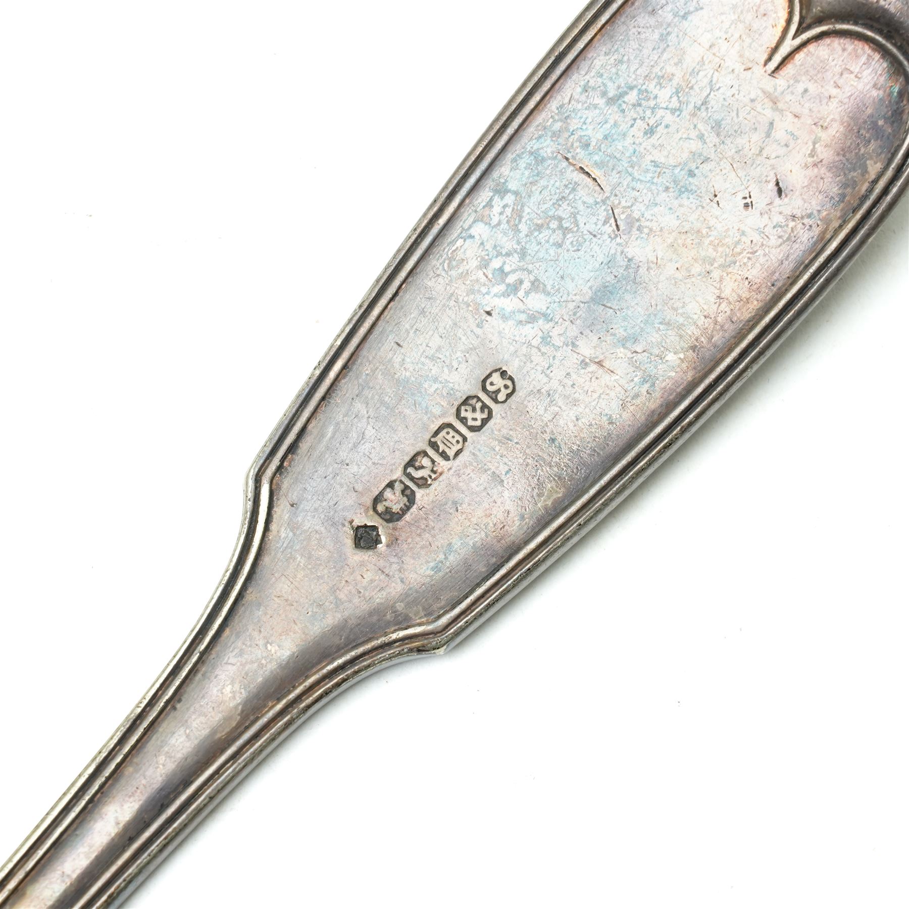 Britannia metal flagon by James Dixon & Sons with scroll handle and hinged lid H35cm and a silver plated fiddle pattern soup ladle (2)