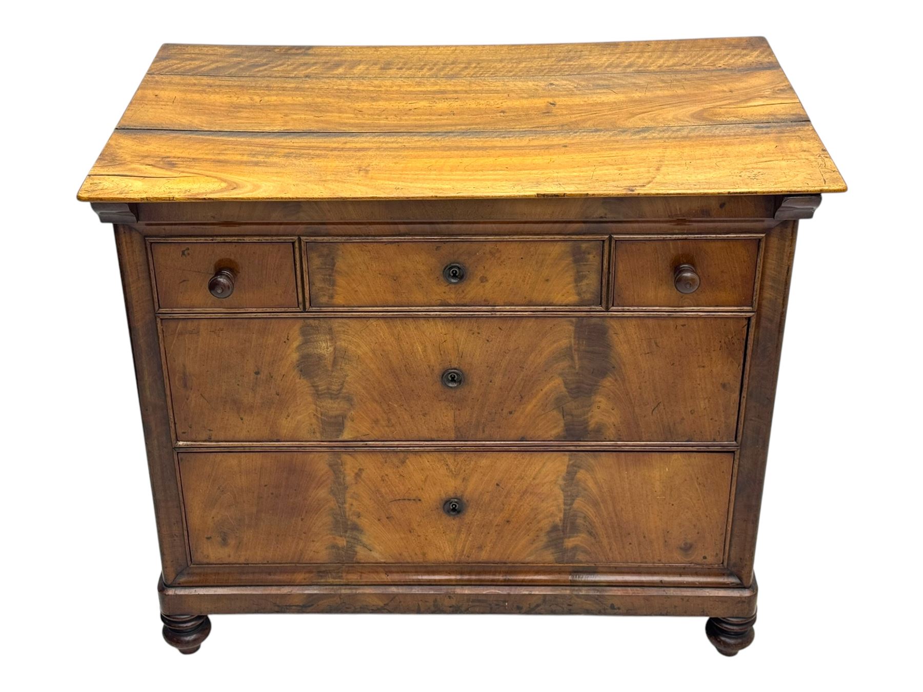 19th century French figured mahogany and walnut chest, rectangular top over three short and two long drawers, on turned feet
