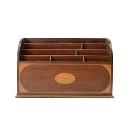Edwardian mahogany letter rack, of rectangular form with curved sides and divided interior, the front inlaid with central oval fan motif and conforming corners, H20.5cm W33cm D14cm