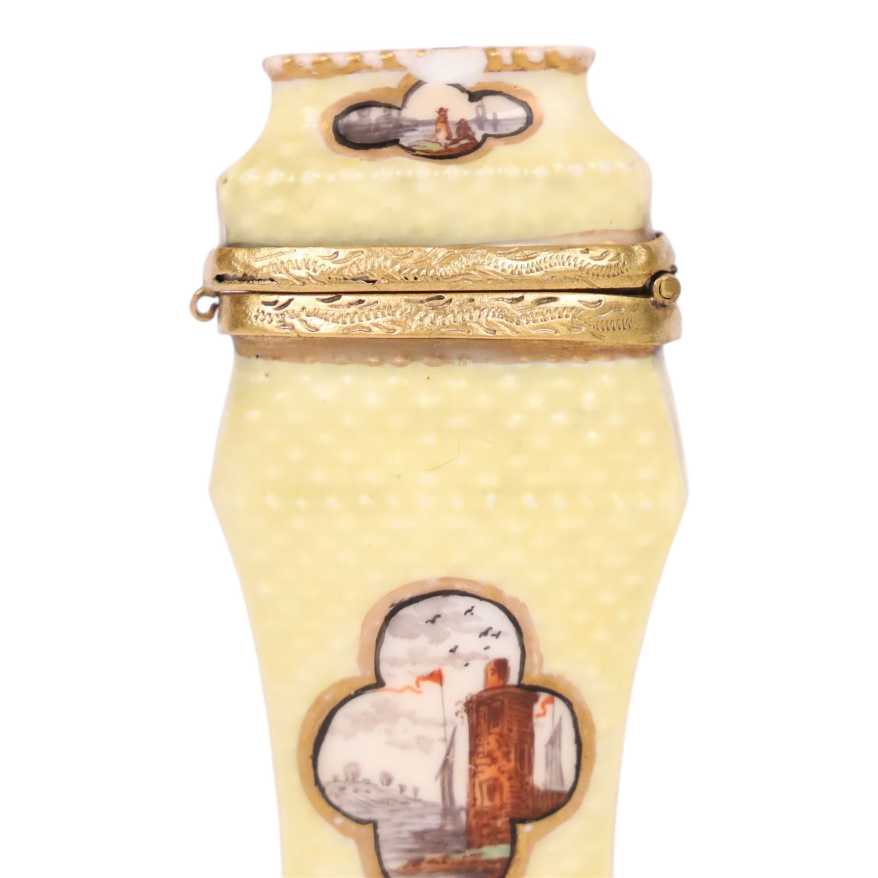 19th century continental etui or needle case, in the manor of Helena Wolfsohn, with six painted panels of marine themes upon textured yellow ground, H7cm