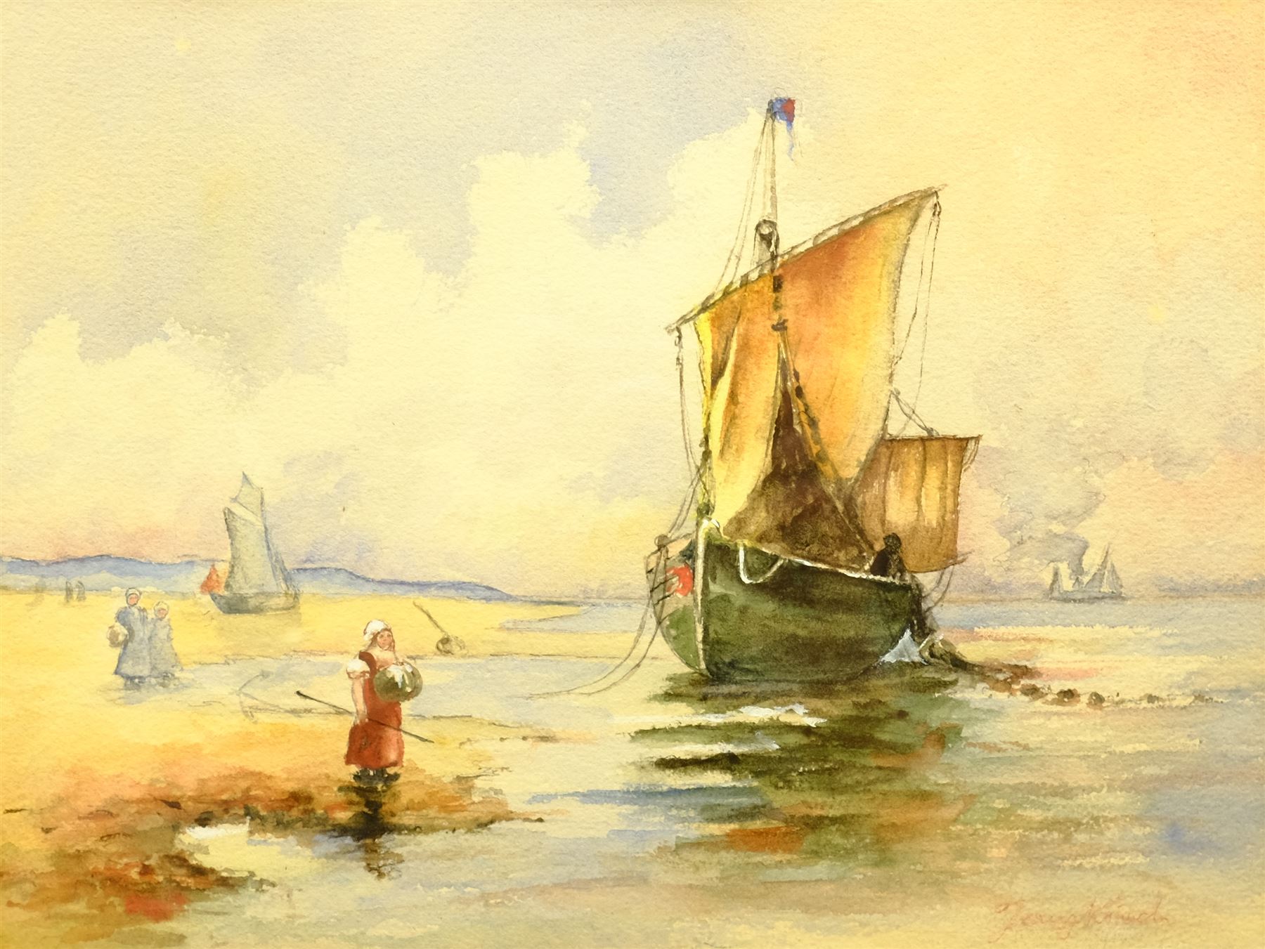 Johan Barthold Jongkind (Dutch 1819-1891): Unloading on the Shore 'Antwerp', watercolour signed, inscribed verso 20cm x 26.5cm