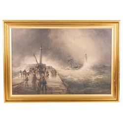 Frederick William Booty (British 1840-1924): Whitby Piers in Stormy Seas, watercolour signed 56cm x 84cm