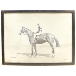 'Nimbus', winner of The Derby and 2000 guineas, monochrome watercolour signed with initials LM, titled and dated 1949, 22cm x 30cm