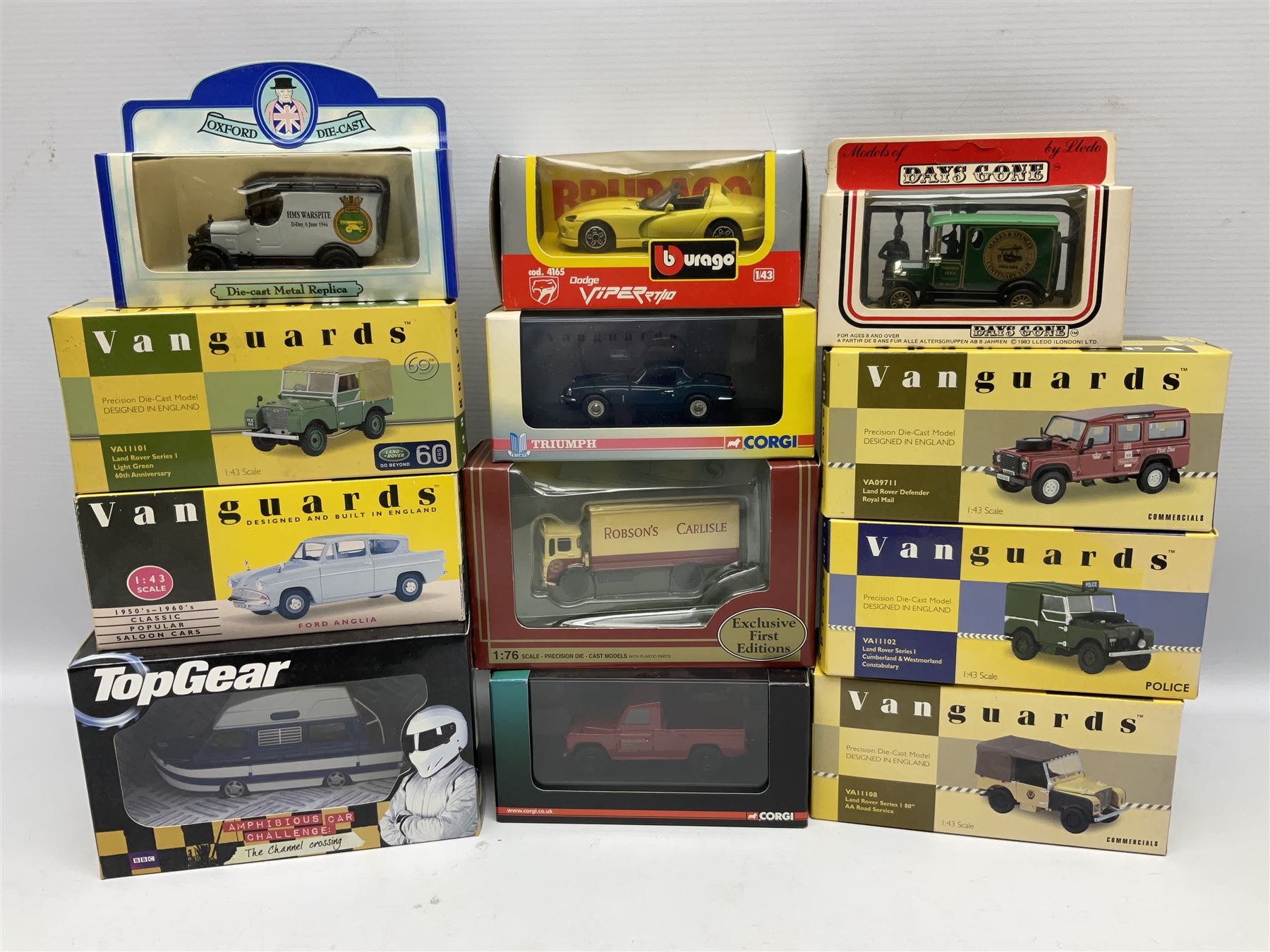 Eight Vanguards die-cast models by Corgi, Hornby and Lledo including Land Rovers, Ford Anglia and Triumph; together with thirteen other modern die-cast models by Bburago, Oxford, Atlas, EFE, Solido etc; all boxed; and small quantity of unboxed and playworn models
