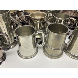 Collection of pewter and silver-plated trophy cups and presentation tankards, largest H28cm
