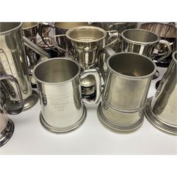 Collection of pewter and silver-plated trophy cups and presentation tankards, largest H28cm
