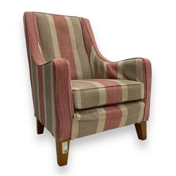 Multiyork - 'Alpine' highback armchair, upholstered in red and beige herringbone striped fabric, gently sloped arms over loose seat cushion, raised on square tapered hardwood supports