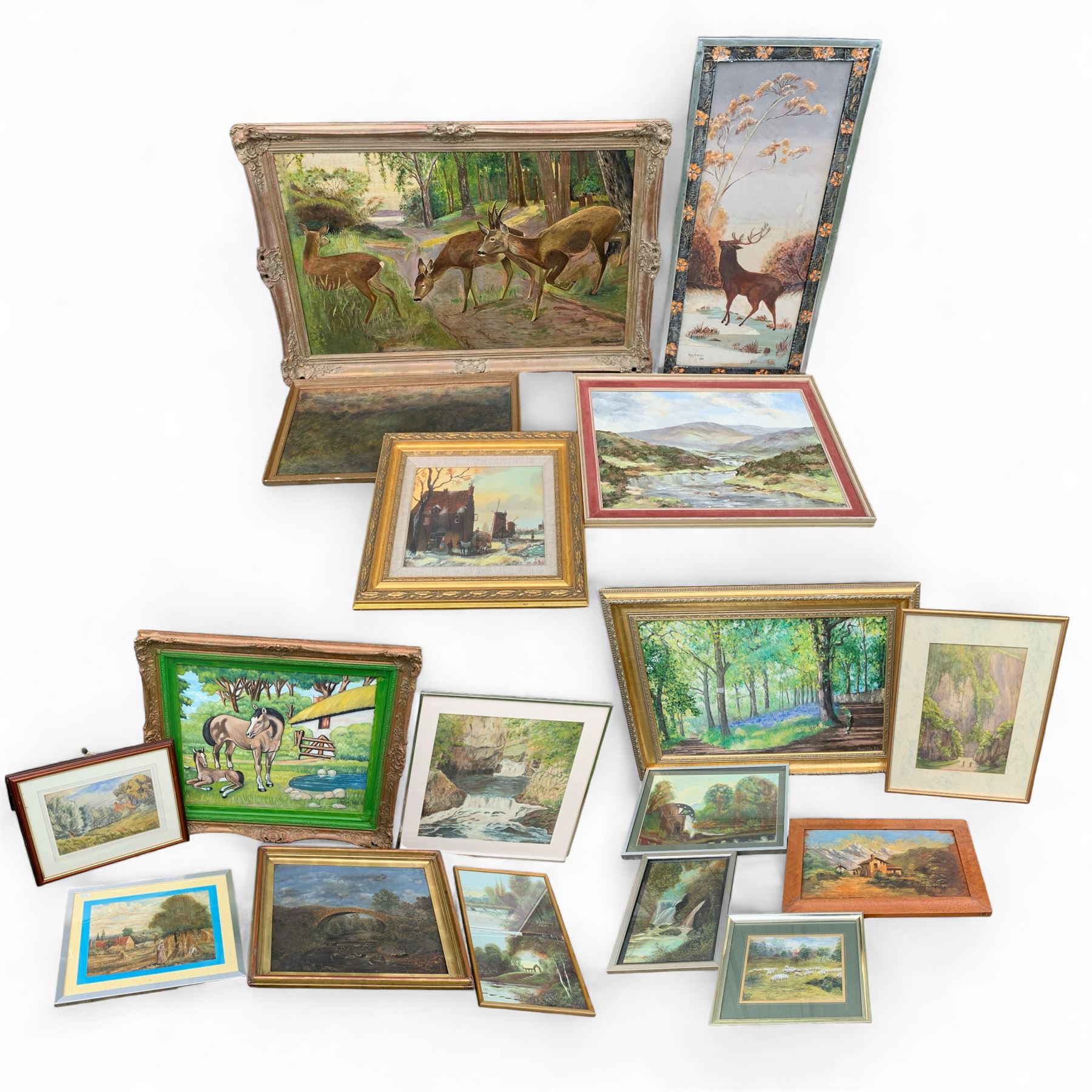 Large original oils depicting Deer and Horses together with various landscapes to include Alan Radcliffe, Ray Evans, Arthur Hall, Valarie Barnaby etc (approx. 18)