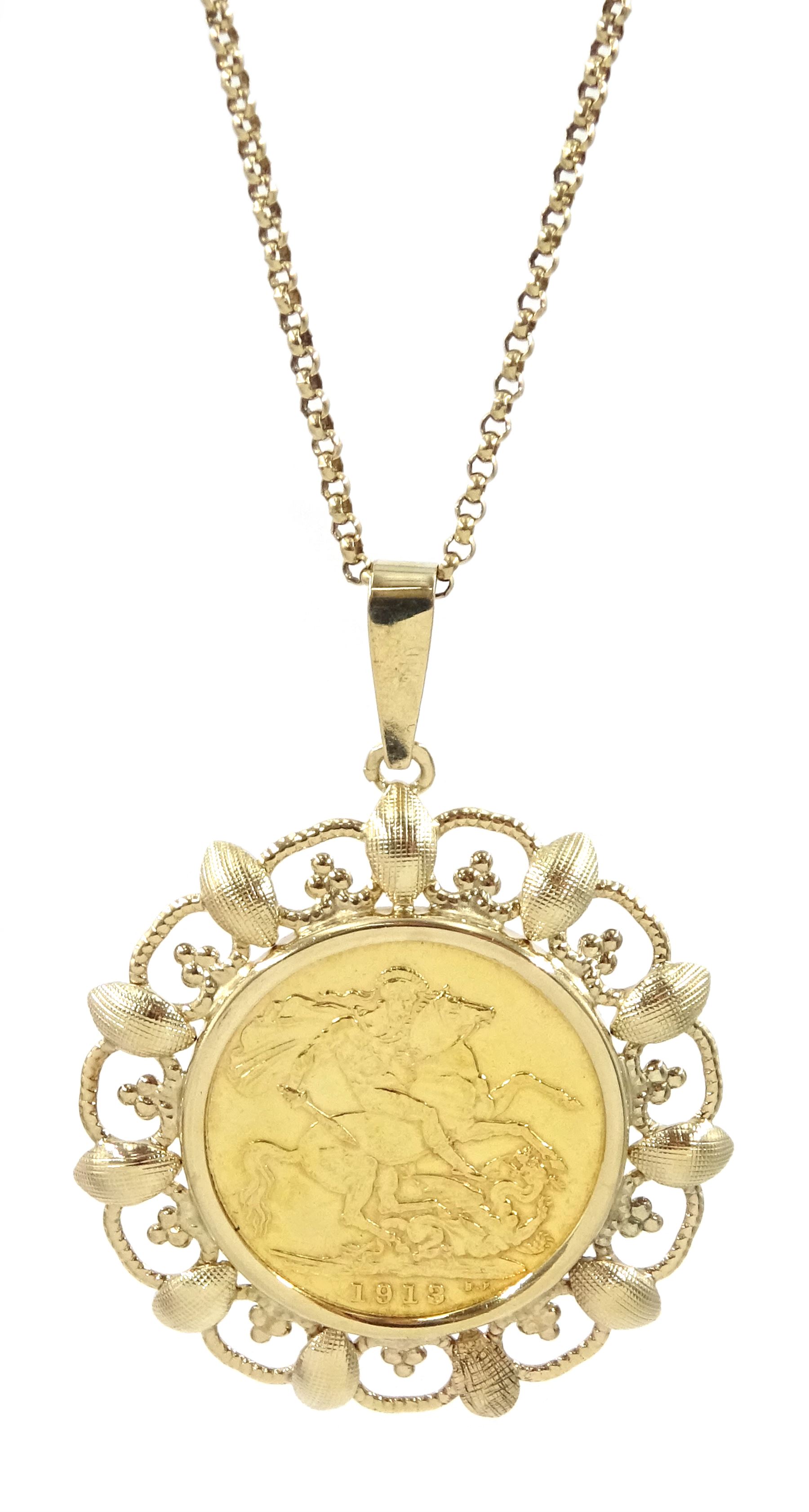 King George V 1913 gold full sovereign coin, loose mounted in gold pendant, on gold chain, both 9ct