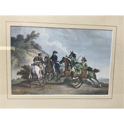 After Ackermann, Crimean War colour print in the Cobham Scenes series entitled '17th Light Dragoons (Lancers)', 15 x 19cm, Hogarth type frame; 19th century engraving of John Penn Private in the 17th Lancers, gilt frame; and oakframed colour print of a Napoleonic War scene (3)