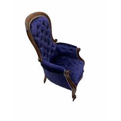 Victorian style walnut framed armchair, upholstered in blue crushed velvet studded fabric