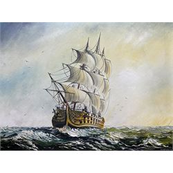 Michael J Whitehand (British 1941-): Sailing Ship in a Choppy Sea, oil on board signed 43cm x 58cm