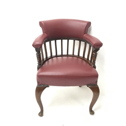 Mid to late century walnut framed library chair, upholstered in a red studded leather, cabriole leg, W60cm 